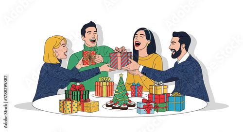 Diverse group of friends exchanging gifts and celebrating christmas around a table filled with presents and a festive tree