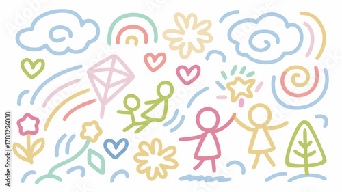 Whimsical hand-drawn style illustration evoking childhood joy and nature's beauty with flowers, rainbows, and playful stick figures for uplifting designs