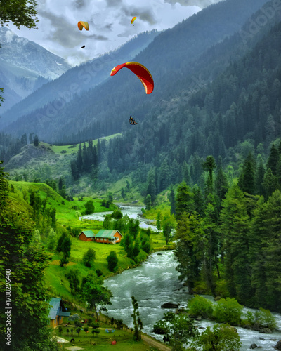 paragliding over. the Lidder river Pahalgam Kashmir 