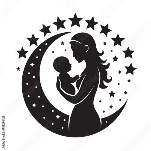 Ornamental Moon Mother And Baby Silhouette Illustration