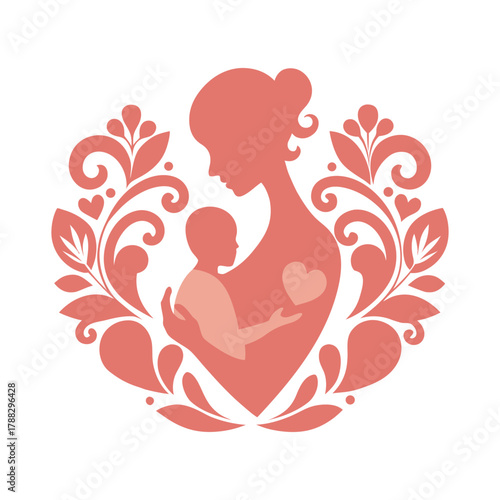 Ornamental Mother And Child Silhouette Love Concept