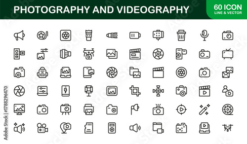 Photography and Videography Flat Icon Set. Sleek and Creative icons for cameras, video, and media tools

