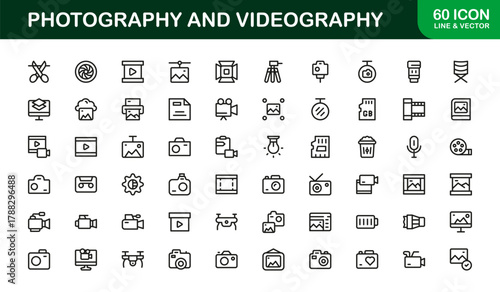 Photography and Videography Modern Icon Set. Clean and Minimal icons for filming, cameras, and media
