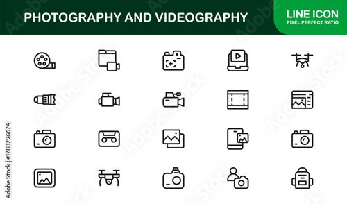 Photography and Videography Stroke Icon Set. Modern and Sleek icons for filming, camera, and media tools
