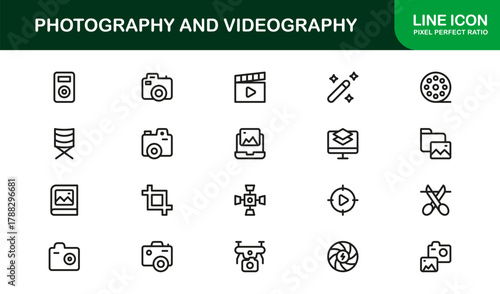 Photography and Videography Thin Icon Set. Clean and Creative icons for filming, photography, and editing
