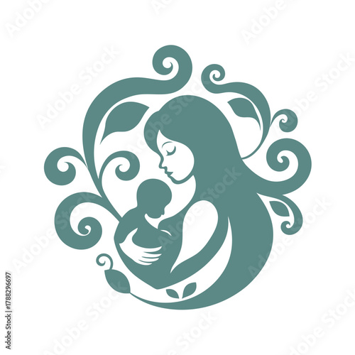 Floral Ornament Mother And Baby Silhouette Design