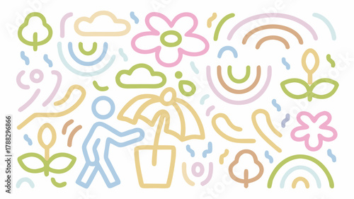 Cheerful abstract nature scene illustration, pastel colors create happy spring atmosphere, perfect for children's designs, educational content, and playful projects