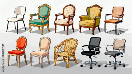 A collection of chairs and stools, featuring cartoon hand-drawn vector illustrations, including leather chairs, wooden chairs, gaming chairs, fabric chairs, lounge chairs, high stools, and bamboo chai