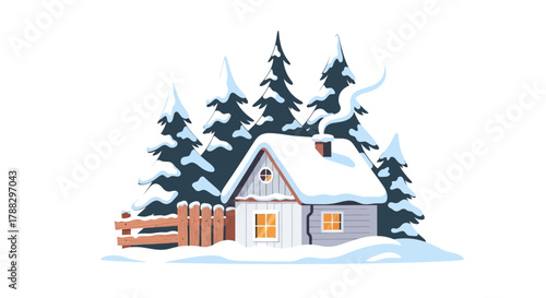 Cozy winter cabin nestled amongst snow covered pine trees with smoke gently rising from the chimney