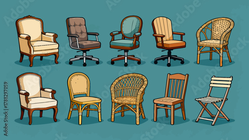 A collection of chairs and stools, featuring cartoon hand-drawn vector illustrations, including leather chairs, wooden chairs, gaming chairs, fabric chairs, lounge chairs, high stools, and bamboo chai