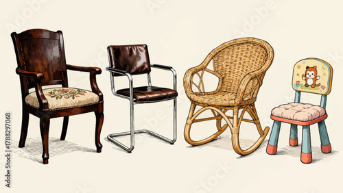 A collection of chairs and stools, featuring cartoon hand-drawn vector illustrations, including leather chairs, wooden chairs, gaming chairs, fabric chairs, lounge chairs, high stools, and bamboo chai