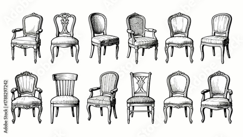 A collection of chairs and stools, featuring cartoon hand-drawn vector illustrations, including leather chairs, wooden chairs, gaming chairs, fabric chairs, lounge chairs, high stools, and bamboo chai