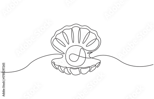 Continuous one line drawing of open pearl shell, simple line shell pearl isolated on transparent background, vector illustration.