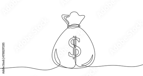 Money bag with a dollar sign in one line art style. Money bag drawing with editable black stroke on white background. Vector illustration.
