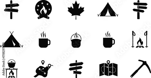 Camping and outdoor adventure icon set, tent, campfire, coffee mug, hiking gear, black silhouette vector, cad drawing flat design