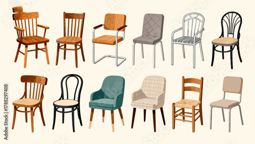 A collection of chairs and stools, featuring cartoon hand-drawn vector illustrations, including leather chairs, wooden chairs, gaming chairs, fabric chairs, lounge chairs, high stools, and bamboo chai