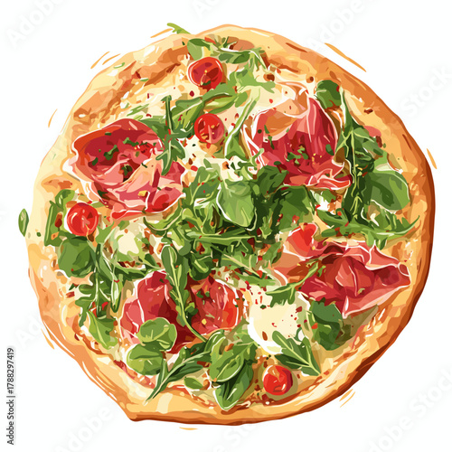 Vector illustration of a rustic pizza with rukola and prosciutto isolated on a white background