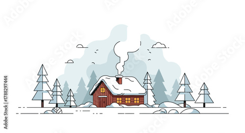 Cozy wooden cabin nestled in a snowy forest with smoke rising from the chimney under a winter sky