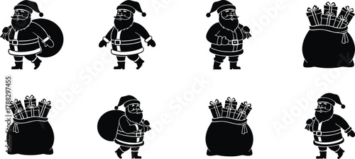 Santa Claus and gift sack silhouette icon set, Christmas holiday illustration, festive black vector design, seasonal celebration symbol, cad drawing style