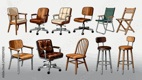 A collection of chairs and stools, featuring cartoon hand-drawn vector illustrations, including leather chairs, wooden chairs, gaming chairs, fabric chairs, lounge chairs, high stools, and bamboo chai