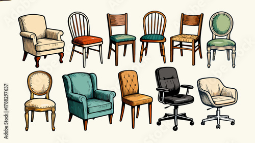 A collection of chairs and stools, featuring cartoon hand-drawn vector illustrations, including leather chairs, wooden chairs, gaming chairs, fabric chairs, lounge chairs, high stools, and bamboo chai