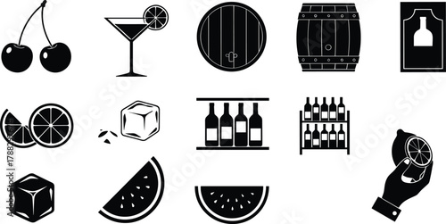 Black and white beverage icon set, cocktail glass, citrus slice, wine bottles, fruit symbols, bar elements, vector illustration, minimal design