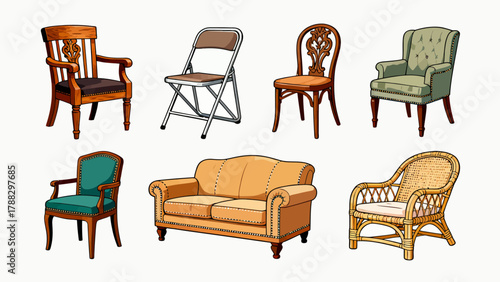 A collection of chairs and stools, featuring cartoon hand-drawn vector illustrations, including leather chairs, wooden chairs, gaming chairs, fabric chairs, lounge chairs, high stools, and bamboo chai