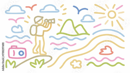 Whimsical traveler captures stunning landscape in pastel hues, perfect for travel blogs, children's illustrations, and vibrant social media posts about adventure