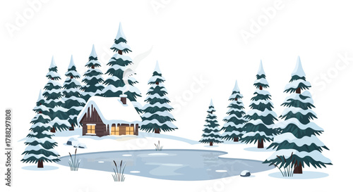 Cozy wooden cabin nestled amongst snow covered pine trees beside a frozen pond on a winter day