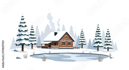 Cozy wooden cabin nestled amongst snow covered pine trees with smoke rising from the chimney beside a frozen pond