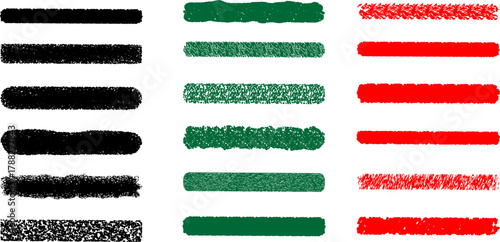 Textured horizontal lines in black green and red on white background