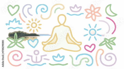 Mindful meditation art with nature elements, promoting inner peace and balance, ideal for wellness brands and mindful living content, originally a scalable graphic
