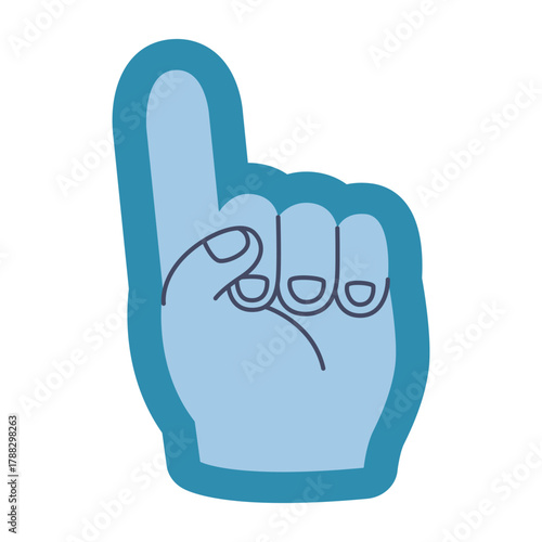 Blue foam finger hand showing number one gesture. Sports fan accessory and support symbol. Trendy modern vector illustration isolated on white background, flat design