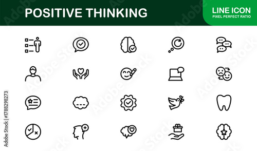 Positive Thinking Stroke Icon Set. Modern and Sleek icons for motivation, mindset, and personal growth
