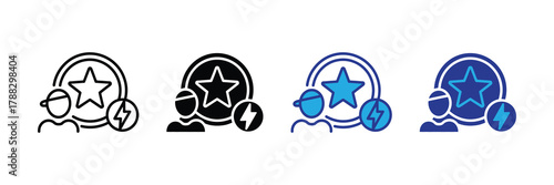 Set of four icons representing a person with a star and a lightning bolt, in different styles and colors