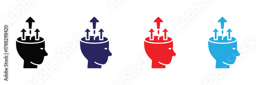 Four icons representing a human head with upward arrows emerging from the top, symbolizing ideas and growth
