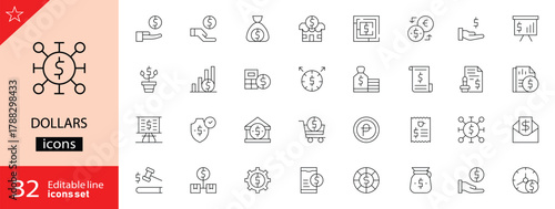 Dollars icons set. Includes symbols of money, coins, banknotes, currency exchange, finance, and savings. Editable stroke. Vector illustration. Outline icons. Perfect for finance, and banking projects.