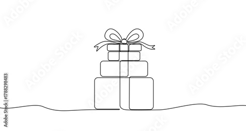 Stack of gifts with a bow in one line art style. Drawing of festive boxes with editable black stroke on a white background. Vector illustration.