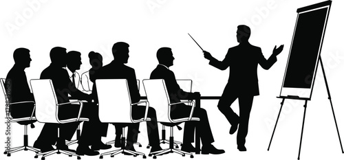 Business meeting presentation silhouette vector illustration, corporate teamwork training, professional manager giving seminar, office people discussing strategy, 