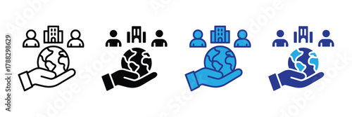 Global business concept with hand holding earth and people icons, representing international collaboration and corporate