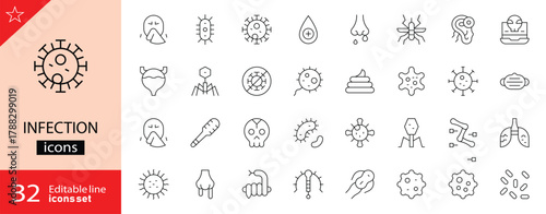 Infection icons set. Includes symbols of viruses, bacteria, germs, hand washing, masks, and medical protection. Editable stroke. Vector illustration. Outline icons. Perfect for healthcare.