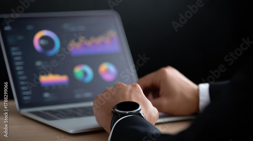 Focused businessman using laptop for business data analysis. analyst views chart and graph on screen, checking smartwatch, showing intense concentration on technology
