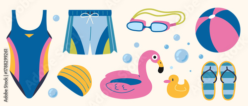 Swimming gear set with swimsuit, shorts, goggles, beach ball and float toys. Trendy modern vector illustration isolated on white background, hand drawn, flat