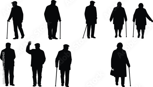 Elderly people silhouettes standing and walking with cane, senior man and woman vector illustration showing aging, care, mobility, health, and lifestyle concept