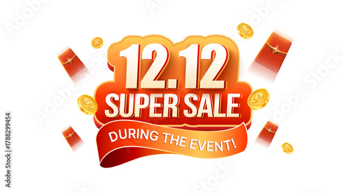 Bright 12.12 super sale event banner, featuring bold yellow numbers, December 12 Sale text label, flying envelopes, golden coins isolated on background. 3d vector illustration. Vector illustration