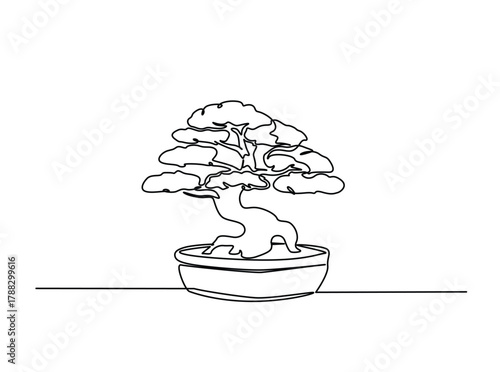 Continuous line art drawing of bonsai tree in a pot. Beautiful bonsai tree art in single outline illustration.