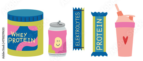 Set of fitness supplements including whey protein, protein bar, electrolyte drink, and shaker bottle. Trendy modern vector illustration isolated on white background, hand drawn, flat design