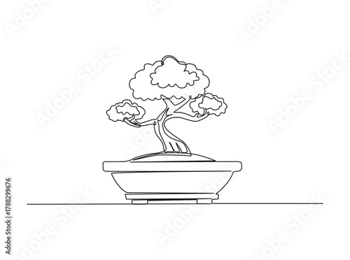 Continuous line art drawing of bonsai tree in a pot. Beautiful bonsai tree art in single outline illustration.