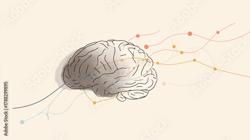 Pastel minimalistic one-line drawing connecting the brain with cognition, and emotional health through symbolic neural design reflecting wellness and mental balance.