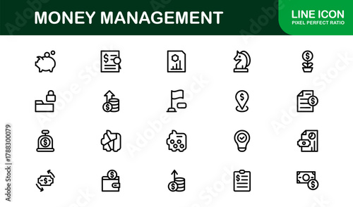 Elegant Money Management Icon Library illustrating Budget Tools, Finance Dashboards, and Investment Apps
